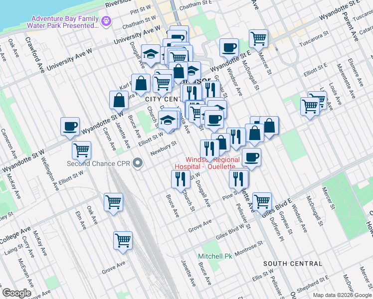 map of restaurants, bars, coffee shops, grocery stores, and more near in Windsor