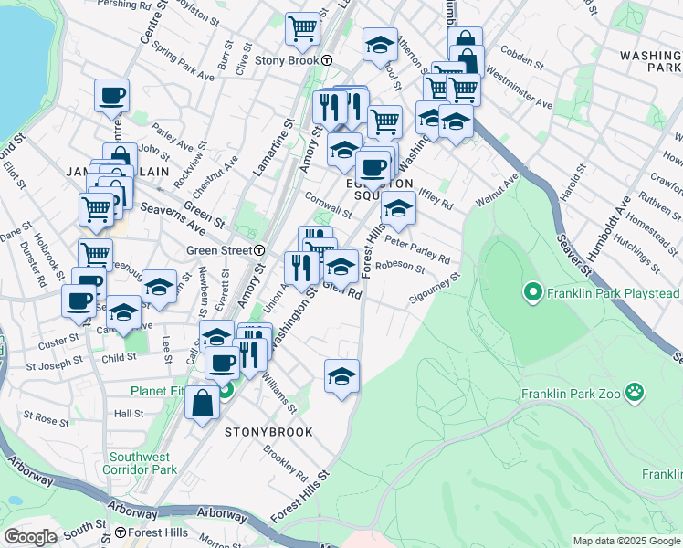 map of restaurants, bars, coffee shops, grocery stores, and more near 9-11 Woodside Avenue in Boston