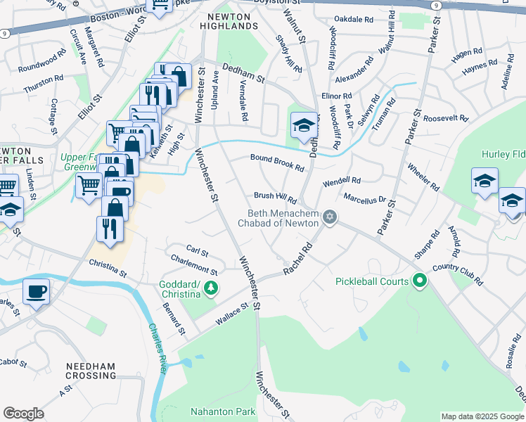 map of restaurants, bars, coffee shops, grocery stores, and more near 29 Nod Hill Road in Newton