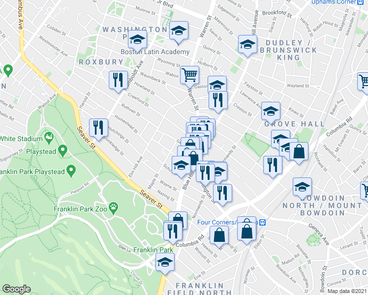 map of restaurants, bars, coffee shops, grocery stores, and more near 481 Blue Hill Avenue in Boston