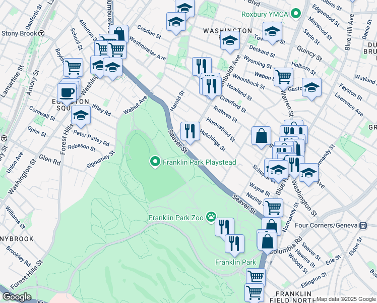 map of restaurants, bars, coffee shops, grocery stores, and more near 154 Seaver Street in Boston