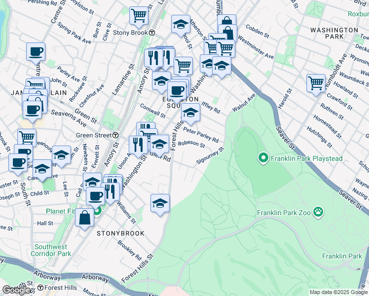 map of restaurants, bars, coffee shops, grocery stores, and more near 11 Rocky Nook Terrace in Boston