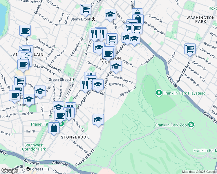 map of restaurants, bars, coffee shops, grocery stores, and more near 11 Rocky Nook Terrace in Boston