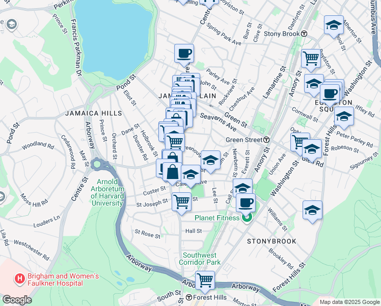 map of restaurants, bars, coffee shops, grocery stores, and more near 46 Sedgwick Street in Boston