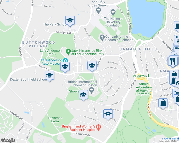 map of restaurants, bars, coffee shops, grocery stores, and more near 414 Pond Street in Boston