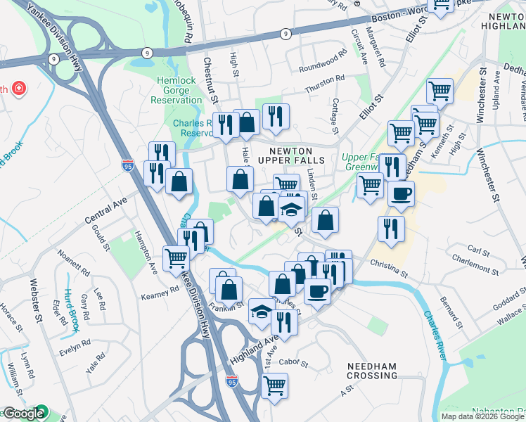 map of restaurants, bars, coffee shops, grocery stores, and more near 1175 Chestnut Street in Newton
