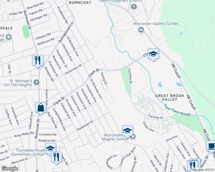 map of restaurants, bars, coffee shops, grocery stores, and more near 211 Saint Nicholas Avenue in Worcester
