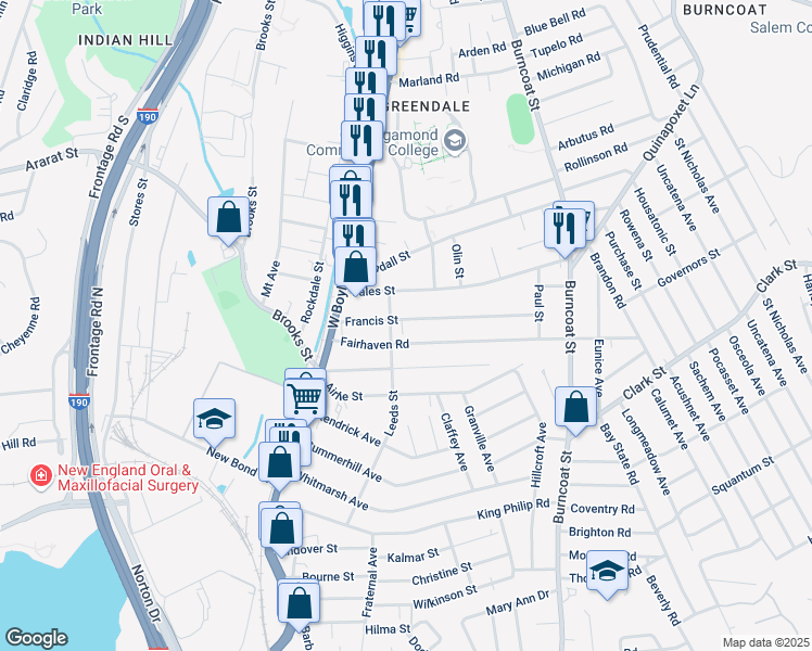 map of restaurants, bars, coffee shops, grocery stores, and more near 40 Fairhaven Road in Worcester