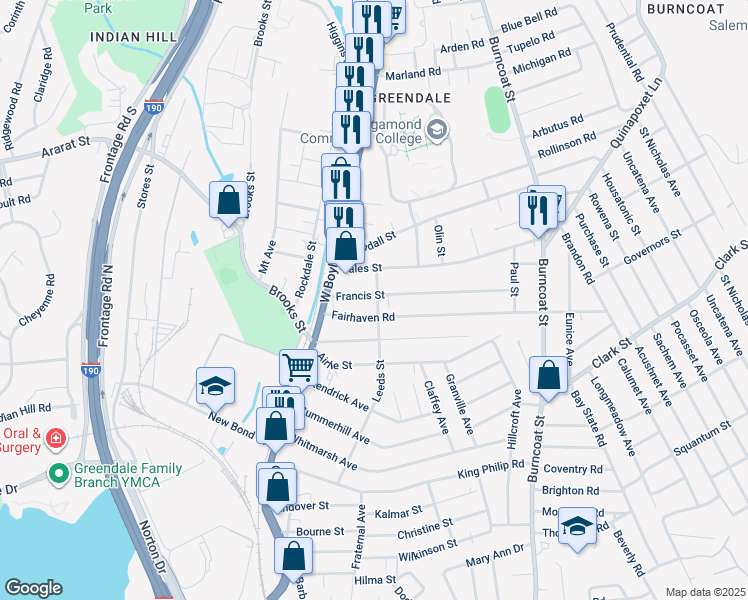 map of restaurants, bars, coffee shops, grocery stores, and more near 40 Fairhaven Road in Worcester
