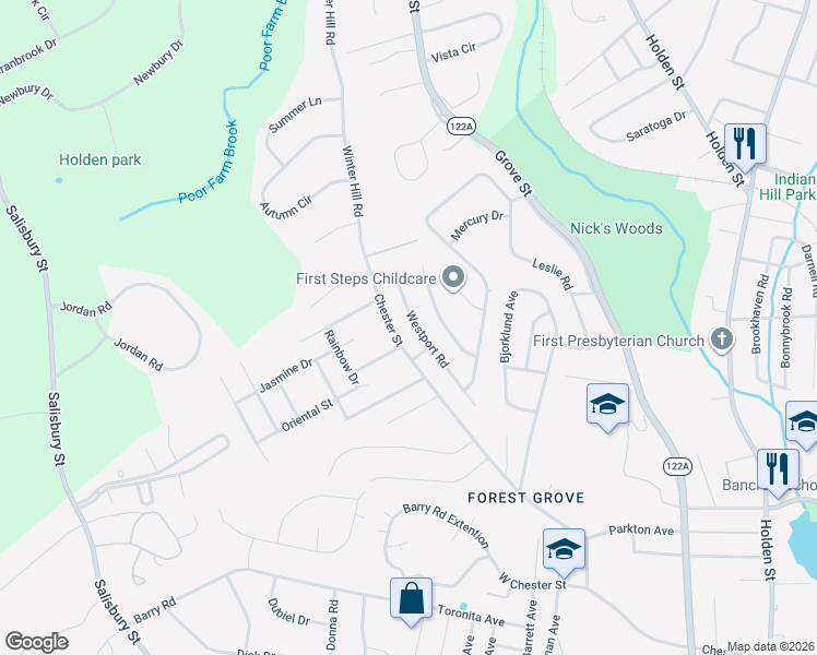 map of restaurants, bars, coffee shops, grocery stores, and more near 154 Chester Street in Worcester