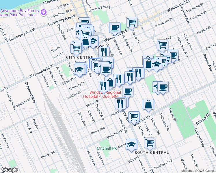 map of restaurants, bars, coffee shops, grocery stores, and more near 991 Ouellette Avenue in Windsor