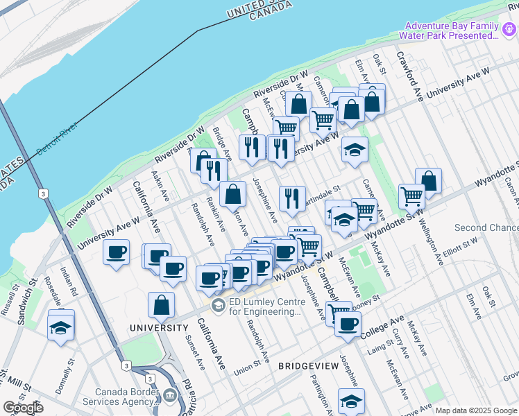 map of restaurants, bars, coffee shops, grocery stores, and more near in Windsor