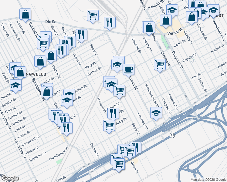 map of restaurants, bars, coffee shops, grocery stores, and more near in Detroit
