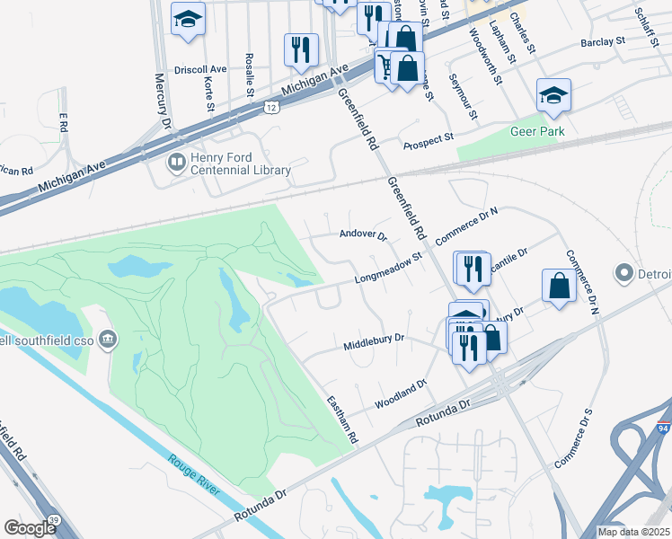 map of restaurants, bars, coffee shops, grocery stores, and more near 1 Danvers Lane in Dearborn