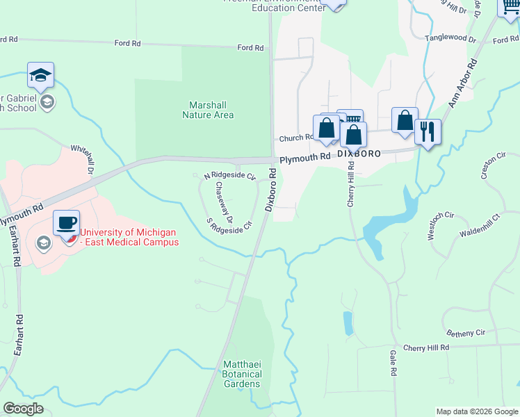 map of restaurants, bars, coffee shops, grocery stores, and more near 4976 South Ridgeside Circle in Ann Arbor