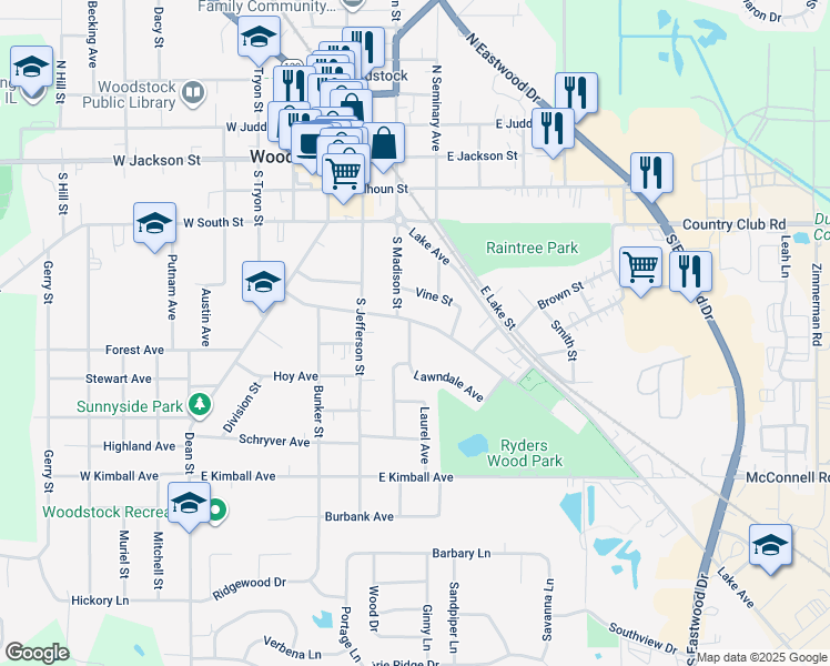 map of restaurants, bars, coffee shops, grocery stores, and more near 610 Lawndale Avenue in Woodstock