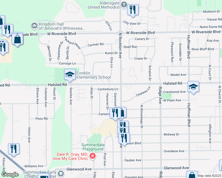map of restaurants, bars, coffee shops, grocery stores, and more near 3329 Hanover Drive in Rockford