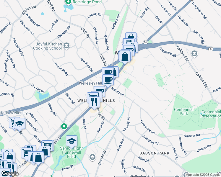 map of restaurants, bars, coffee shops, grocery stores, and more near 342 Washington Street in Wellesley