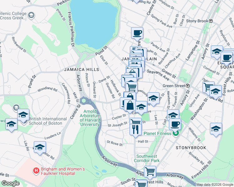 map of restaurants, bars, coffee shops, grocery stores, and more near 9 South Street in Boston