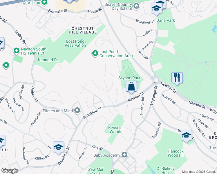 map of restaurants, bars, coffee shops, grocery stores, and more near 47 Arlington Road in Brookline