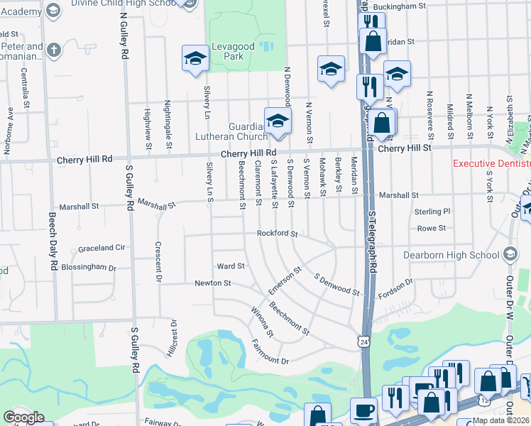 map of restaurants, bars, coffee shops, grocery stores, and more near 24700 Rockford Street in Dearborn