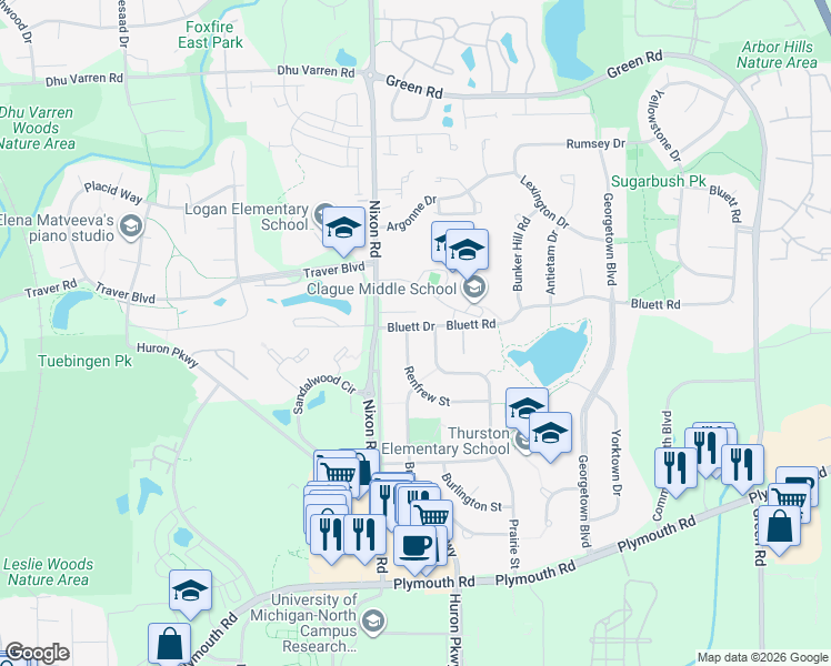 map of restaurants, bars, coffee shops, grocery stores, and more near 2837 Renfrew Street in Ann Arbor