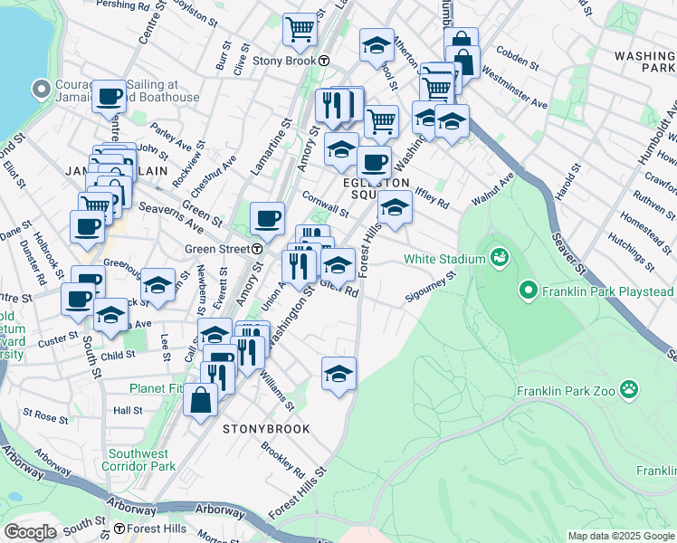 map of restaurants, bars, coffee shops, grocery stores, and more near 11 Woodside Avenue in Boston