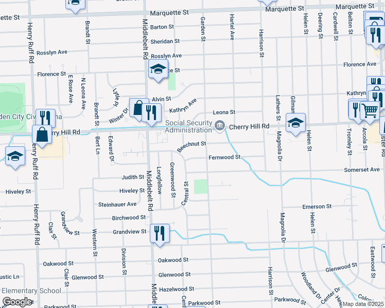 map of restaurants, bars, coffee shops, grocery stores, and more near 28940 Somerset Street in Inkster