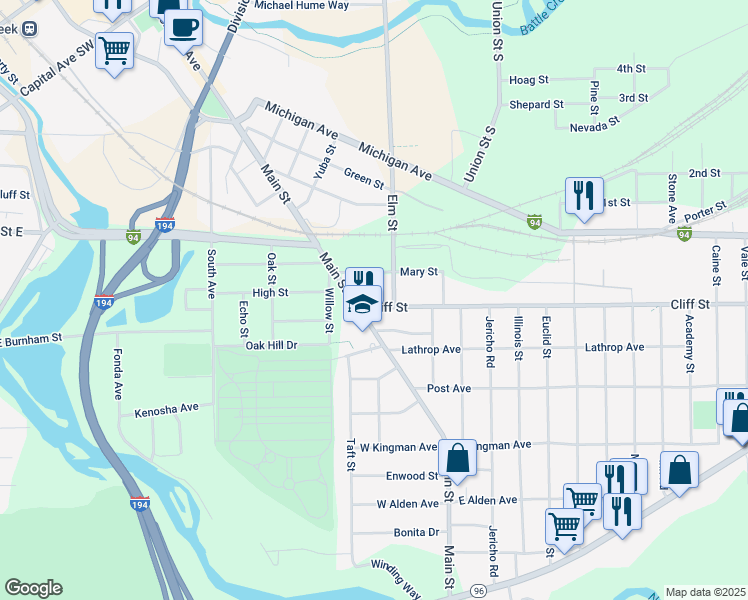 map of restaurants, bars, coffee shops, grocery stores, and more near 15 Cliff Street in Battle Creek