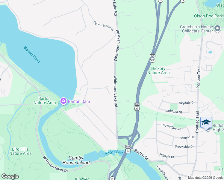 map of restaurants, bars, coffee shops, grocery stores, and more near 2524 Whitmore Lake Road in Ann Arbor