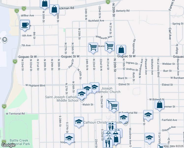 map of restaurants, bars, coffee shops, grocery stores, and more near 110 North 23rd Street in Battle Creek