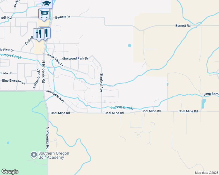 map of restaurants, bars, coffee shops, grocery stores, and more near 4131 Coal Mine Road in Medford