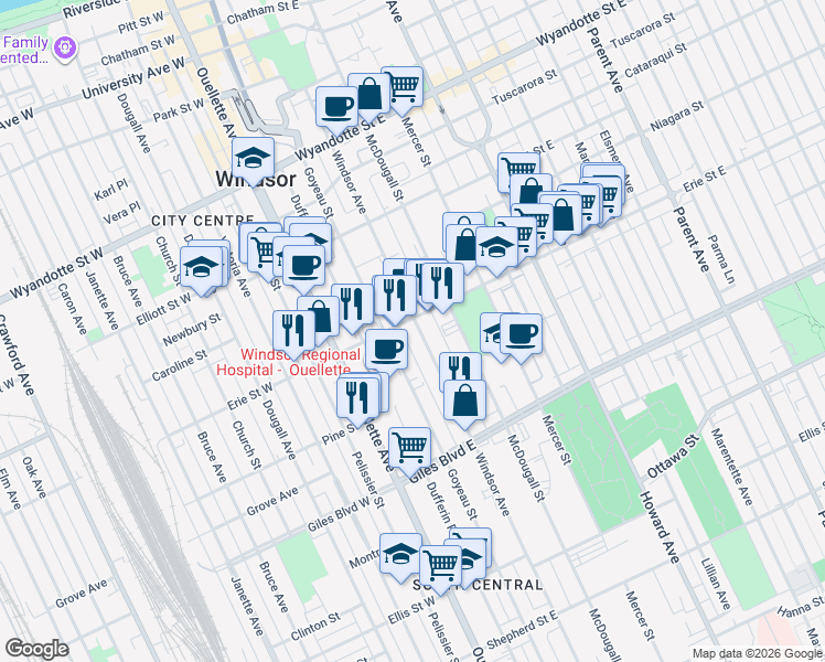 map of restaurants, bars, coffee shops, grocery stores, and more near 1011 Windsor Avenue in Windsor