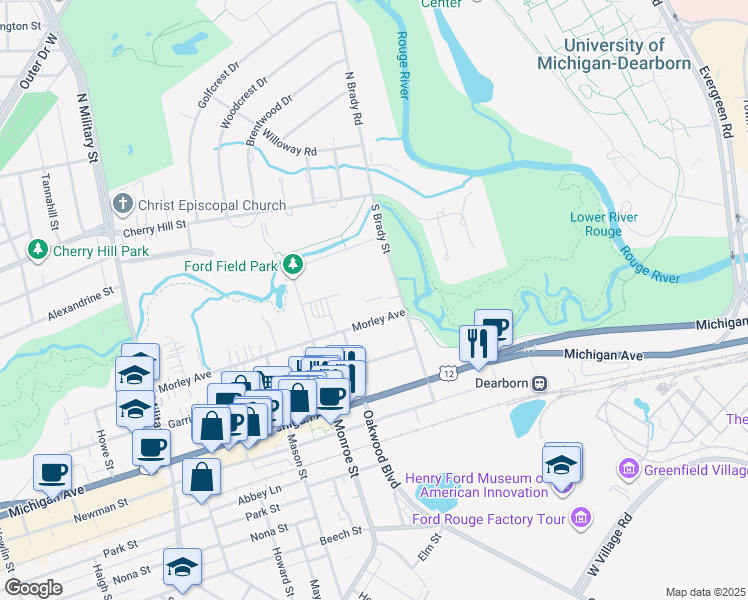 map of restaurants, bars, coffee shops, grocery stores, and more near 21701 Morley Avenue in Dearborn