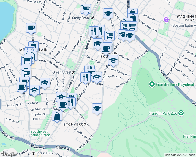 map of restaurants, bars, coffee shops, grocery stores, and more near 31 Glen Road in Boston
