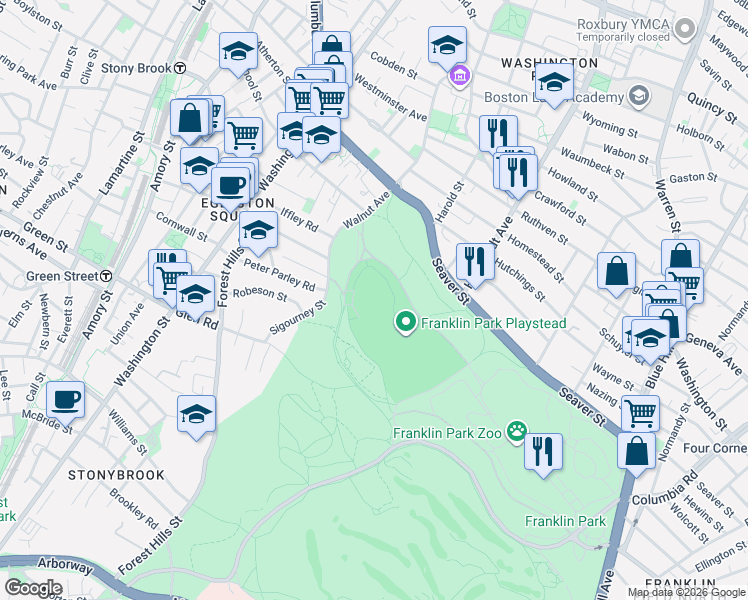 map of restaurants, bars, coffee shops, grocery stores, and more near 450 Walnut Avenue in Boston