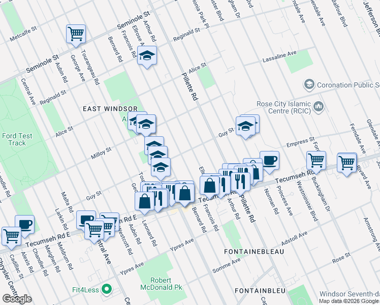 map of restaurants, bars, coffee shops, grocery stores, and more near 1865 Ellrose Avenue in Windsor