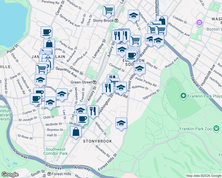 map of restaurants, bars, coffee shops, grocery stores, and more near 11-15R Greenley Place in Boston