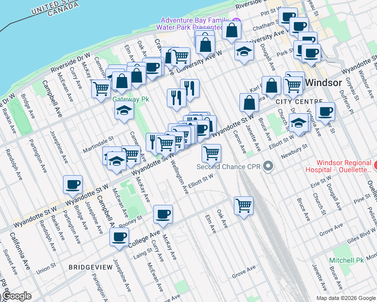map of restaurants, bars, coffee shops, grocery stores, and more near in Windsor
