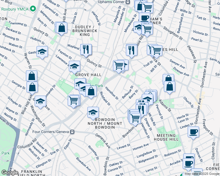map of restaurants, bars, coffee shops, grocery stores, and more near 349 Columbia Road in Boston