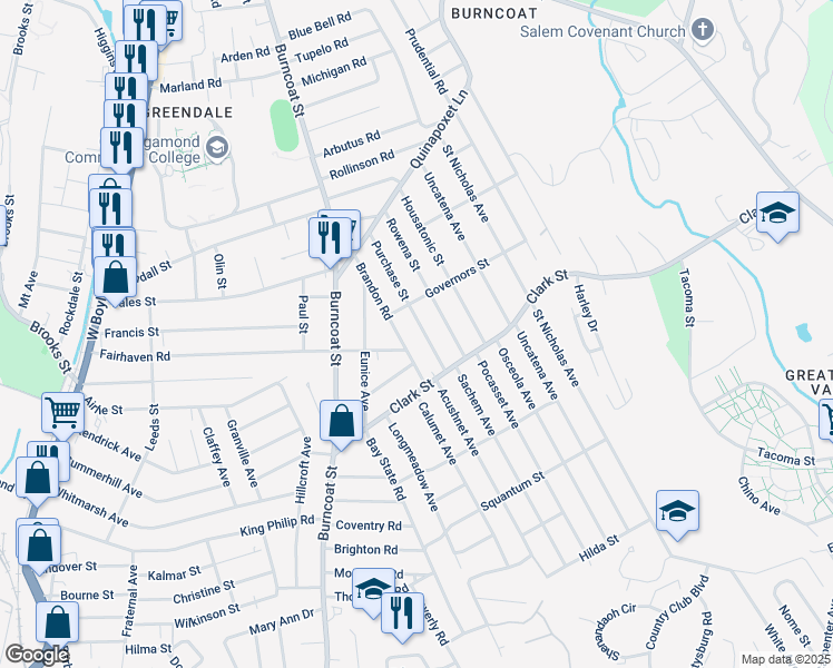 map of restaurants, bars, coffee shops, grocery stores, and more near 25 Rowena Street in Worcester