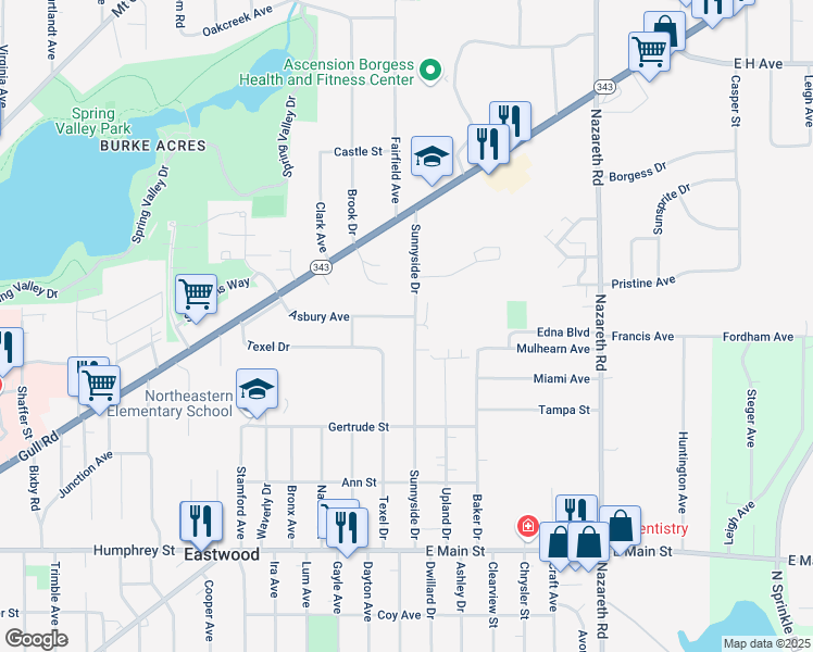 map of restaurants, bars, coffee shops, grocery stores, and more near 2005 Sunnyside Drive in Kalamazoo