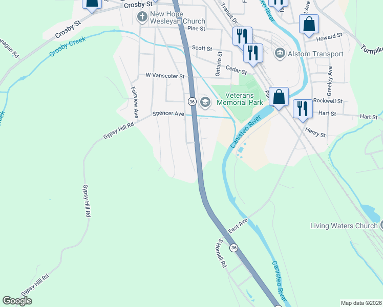 map of restaurants, bars, coffee shops, grocery stores, and more near 476 Canisteo Street in Hornell