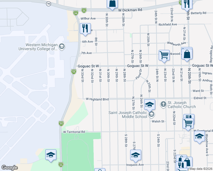 map of restaurants, bars, coffee shops, grocery stores, and more near 121 North 30th Street in Battle Creek