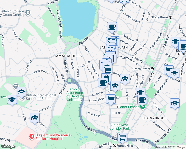 map of restaurants, bars, coffee shops, grocery stores, and more near 25 Dunster Road in Boston