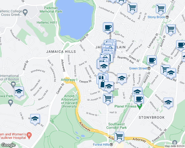 map of restaurants, bars, coffee shops, grocery stores, and more near 16 Holbrook Street in Boston