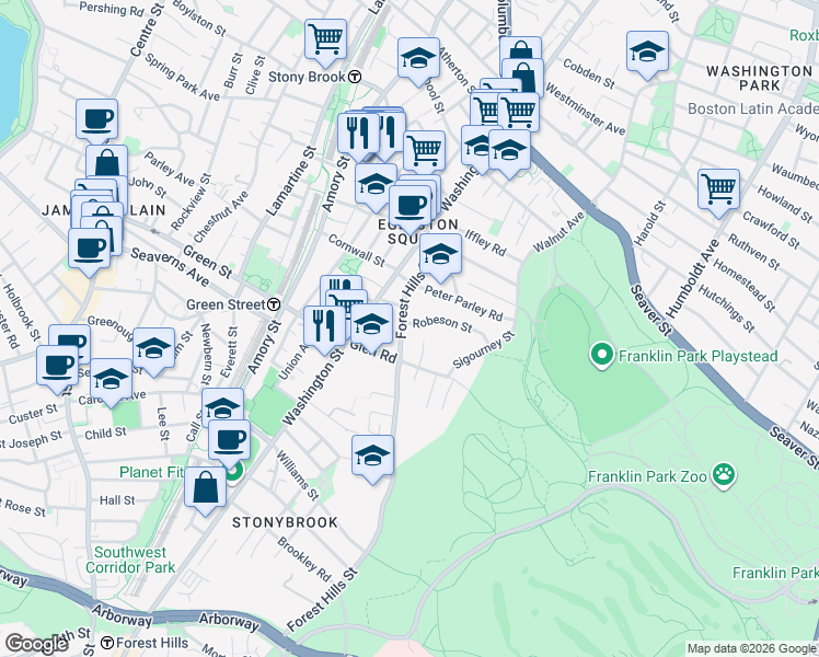 map of restaurants, bars, coffee shops, grocery stores, and more near 25 Peter Parley Road in Boston