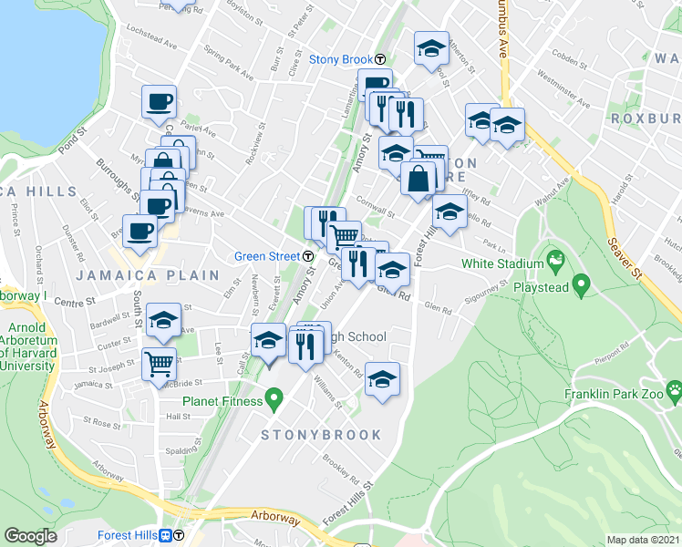 map of restaurants, bars, coffee shops, grocery stores, and more near 128 Brookside Avenue in Boston