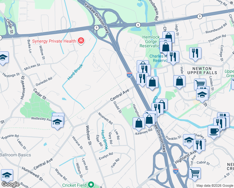 map of restaurants, bars, coffee shops, grocery stores, and more near 20 Saint Mary Street in Needham