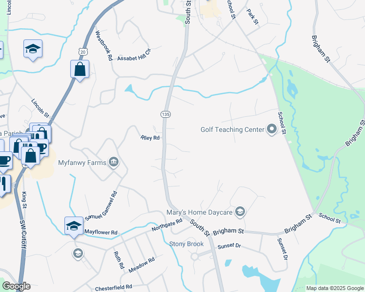 map of restaurants, bars, coffee shops, grocery stores, and more near 159 South Street in Northborough
